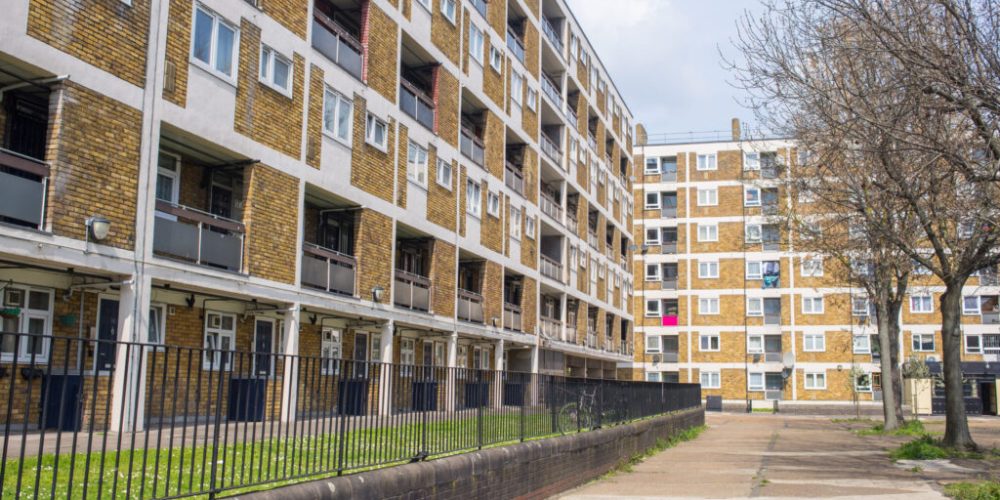Council houses apartment blocks estate in Hackney East London, UK.